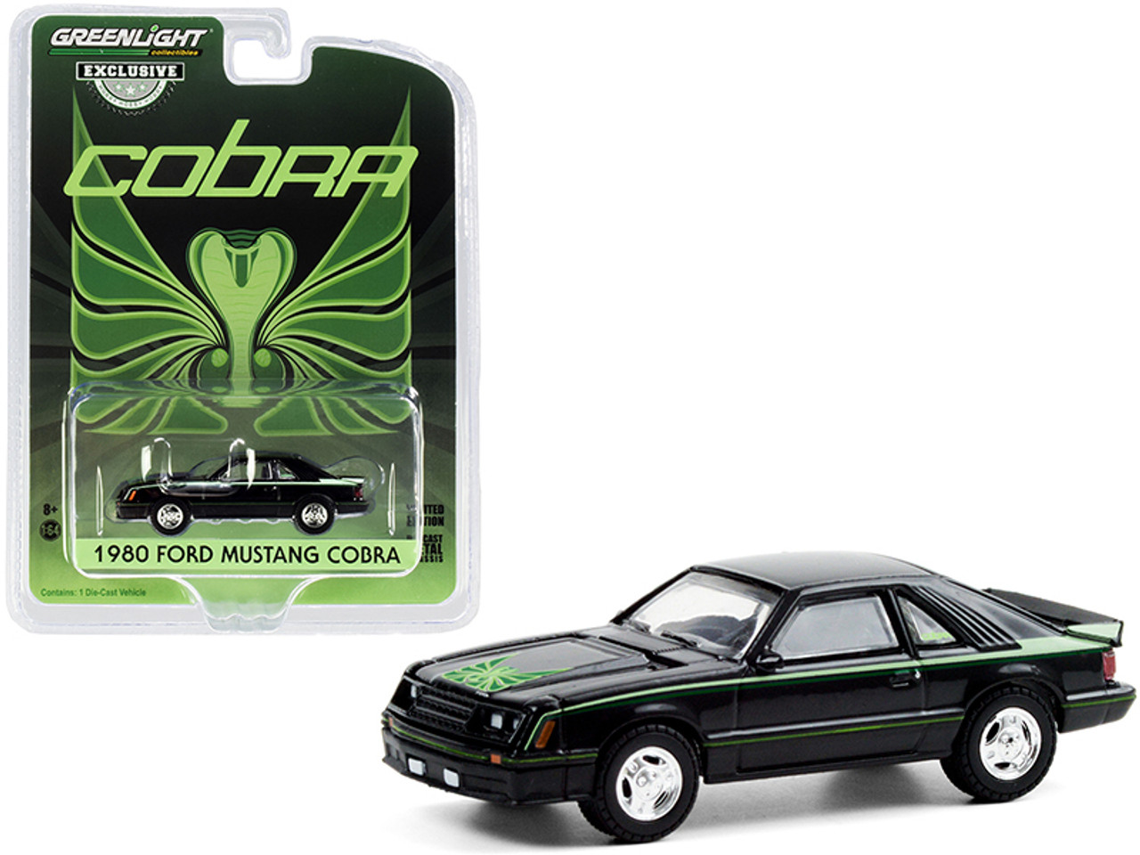 1980 Ford Mustang Cobra Black with Green Cobra Hood Graphics and Stripe Treatment "Hobby Exclusive" 1/64 Diecast Model Car by Greenlight