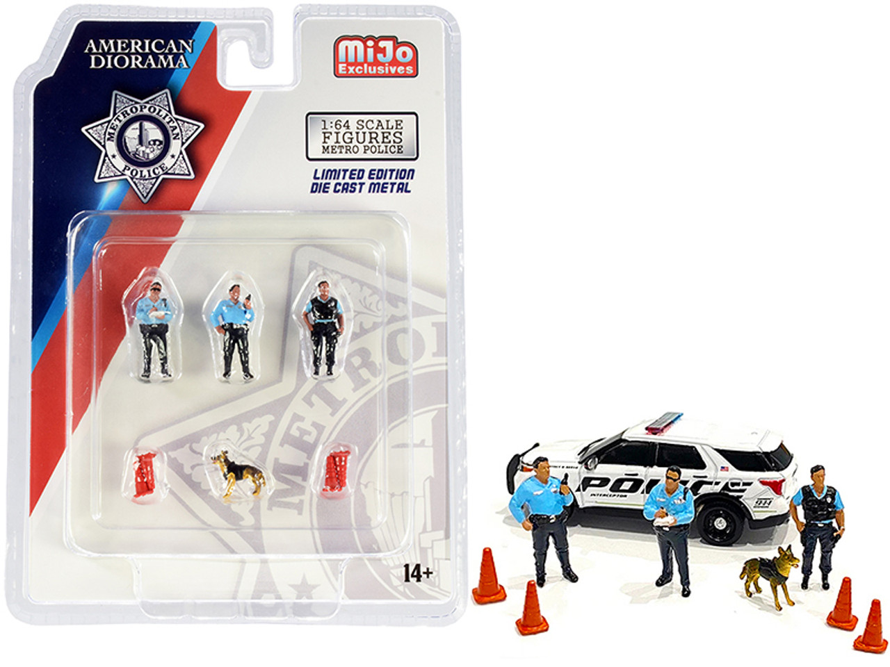 "Metropolitan Police" 8 piece Diecast Set (3 Figurines and 1 Dog and 4 Accessories) for 1/64 Scale Models by American Diorama