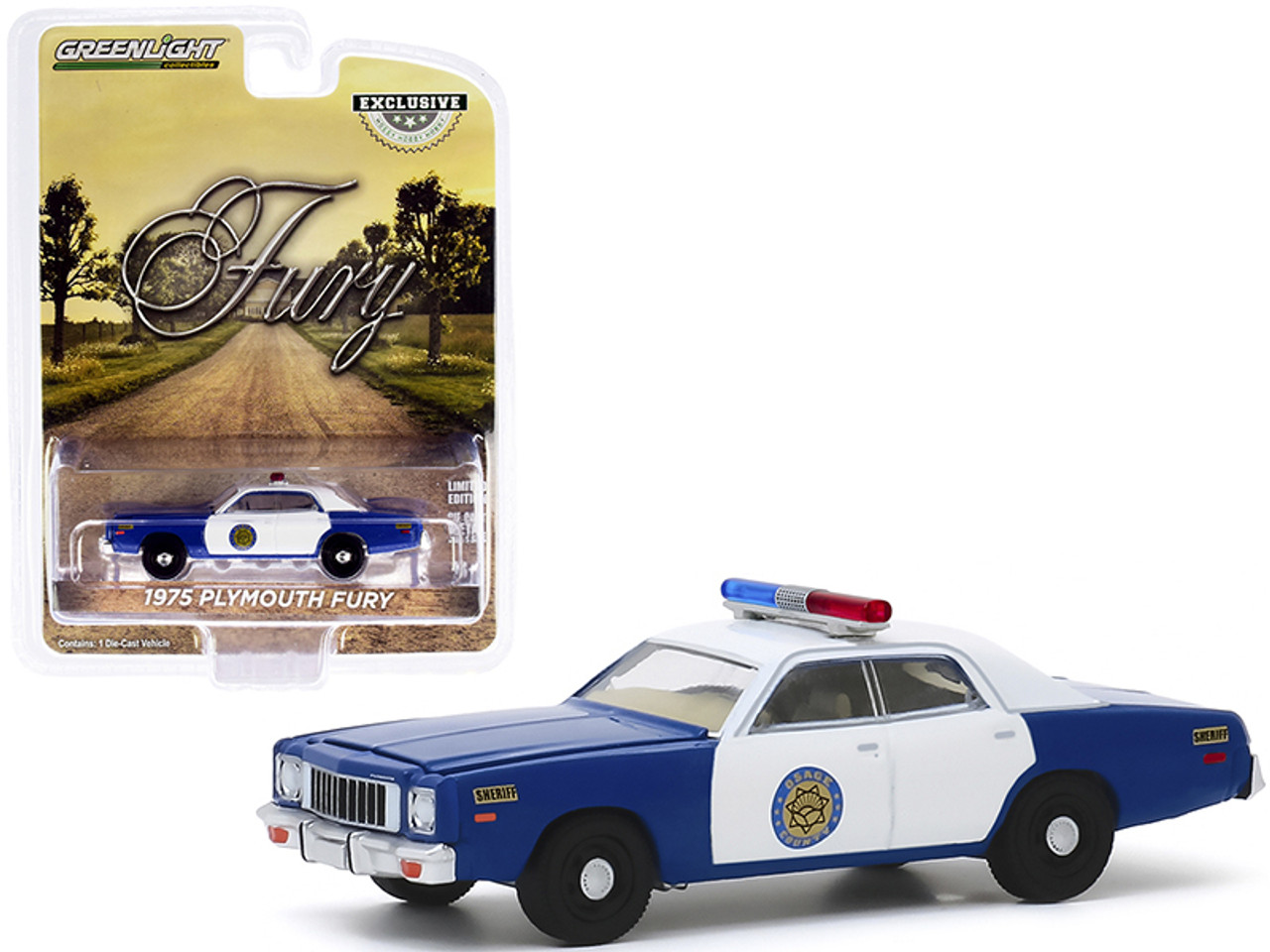 1975 Plymouth Fury Blue and White "Osage County Sheriff" "Hobby Exclusive" 1/64 Diecast Model Car by Greenlight