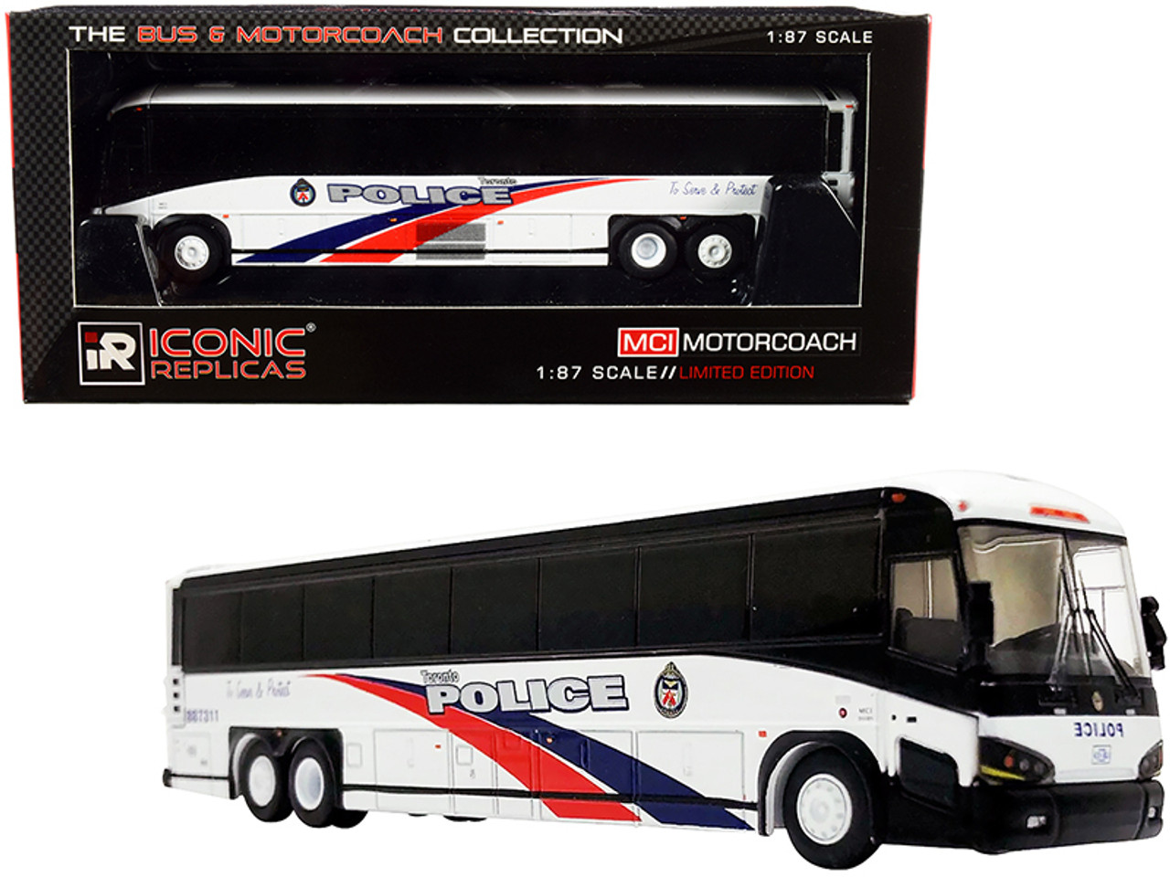 MCI D4505 Motorcoach Bus "Toronto Police" (Canada) White with Blue and Red Stripes "The Bus & Motorcoach Collection" 1/87 (HO) Diecast Model by Iconic Replicas