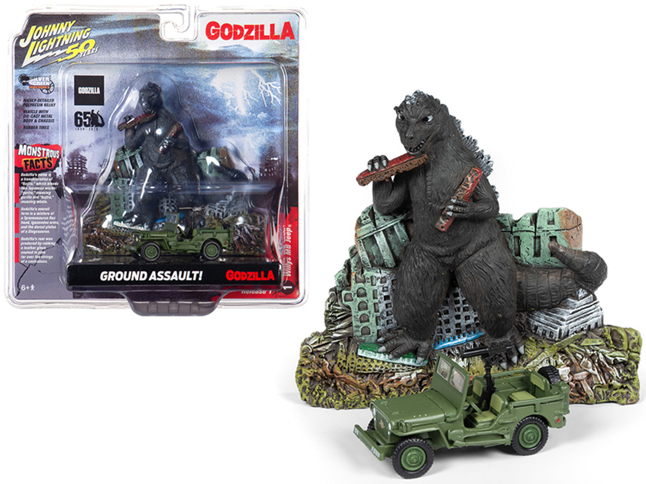 Willys MB Jeep "Japan Police Reserve Corps" with "Godzilla" Facade Diorama "Godzilla 65th Anniversary" (1954-2019) "Johnny Lightning 50th Anniversary" 1/64 Diecast Model Car by Johnny Lightning