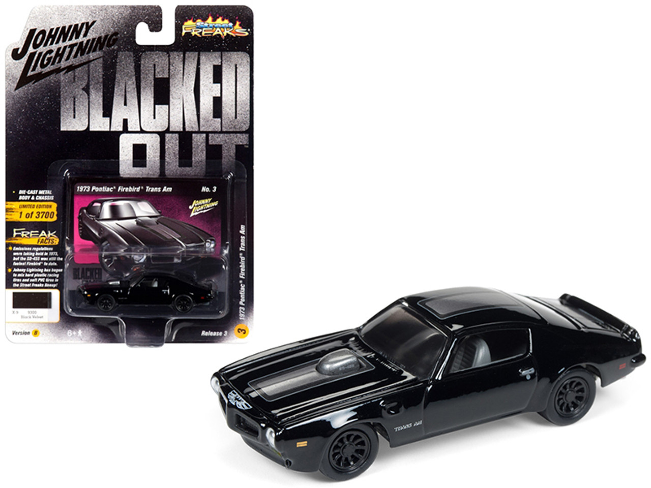 1973 Pontiac Firebird Trans Am Gloss Black with Dark Silver Stripe "Blacked Out" Limited Edition to 3700 pieces Worldwide 1/64 Diecast Model Car by Johnny Lightning