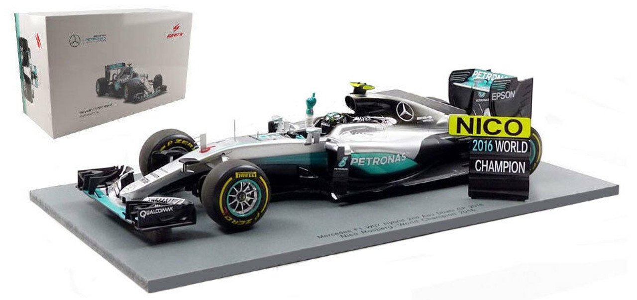 1/18 Mercedes F1 W07 Hybrid n.6 2nd Abu Dhabi GP 2016  Including Figurine and Pit Board Nico Rosberg - World Champion 2016 model car by Spark