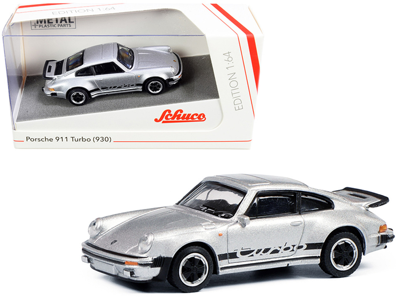 Porsche 911 Turbo (930) Silver with Black Stripes 1/64 Diecast Model Car by Schuco