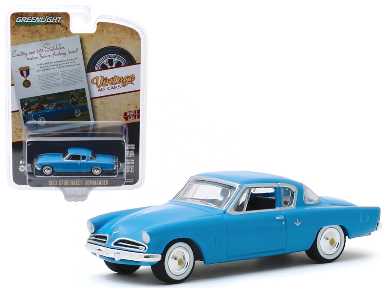 1953 Studebaker Commander Blue "Exciting New 1953 Studebaker Receives Fashion Academy Award!" "Vintage Ad Cars" Series 2 1/64 Diecast Model Car by Greenlight