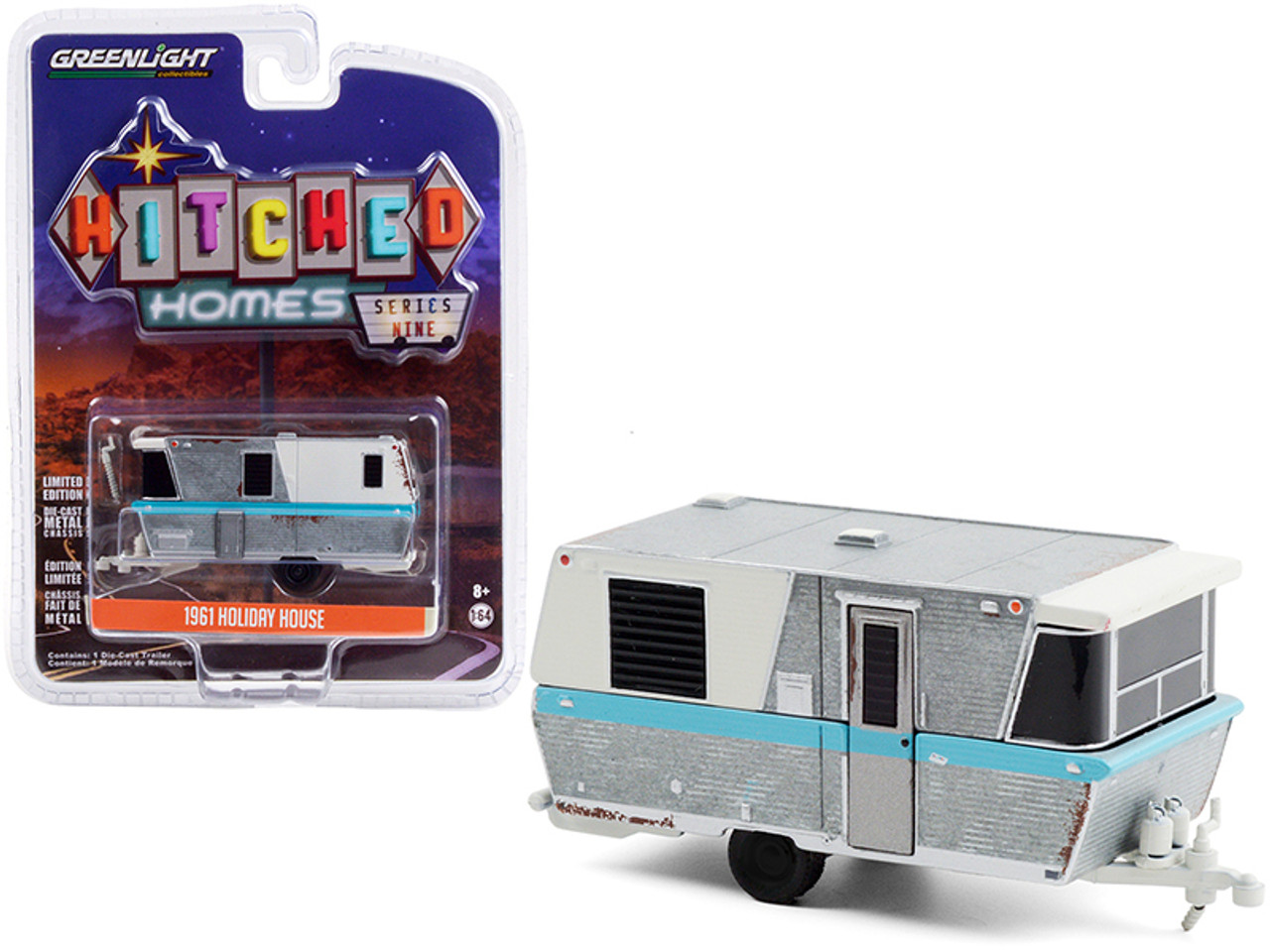 1961 Holiday House Travel Trailer Silver and White with Blue Stripe (Weathered) "Hitched Homes" Series 9 1/64 Diecast Model by Greenlight