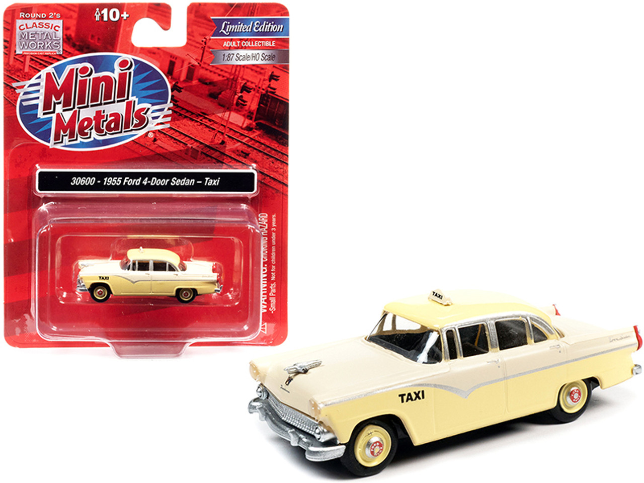 1955 Ford 4-Door Sedan "Taxi" Yellow and Cream 1/87 (HO) Scale Model Car by Classic Metal Works