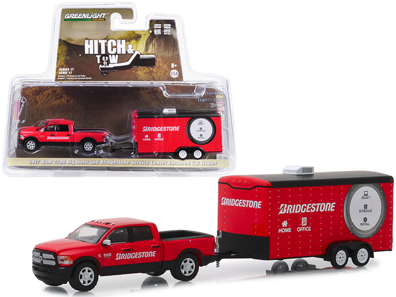2017 RAM 2500 Big Horn Pickup Truck and Enclosed Car Hauler "Bridgestone Service Center" Red "Hitch & Tow" Series 17 1/64 Diecast Model Car by Greenlight
