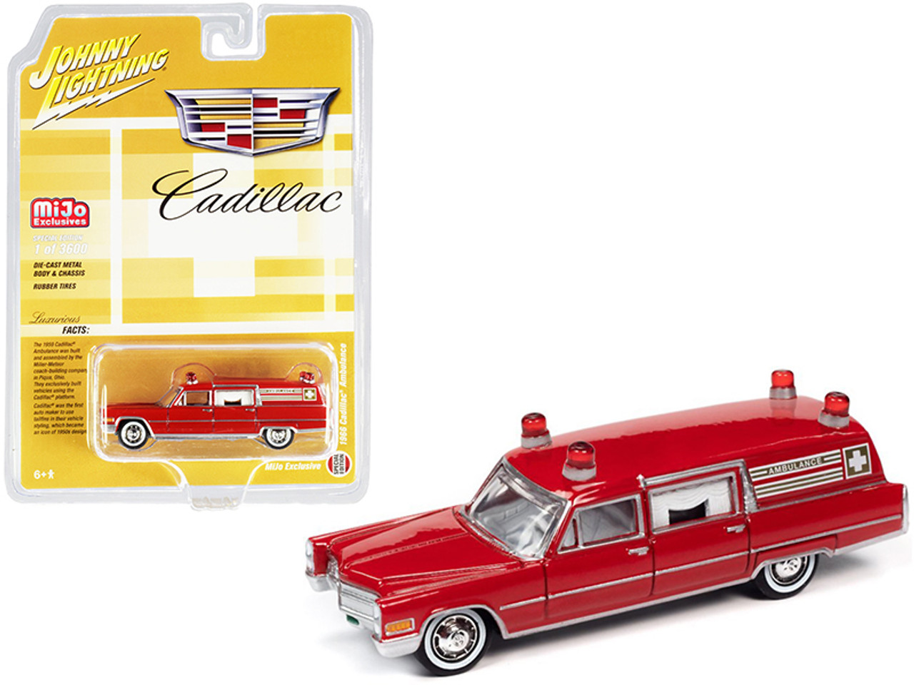 1966 Cadillac Ambulance Red "Special Edition" Limited Edition to 3600 pieces Worldwide 1/64 Diecast Model Car by Johnny Lightning