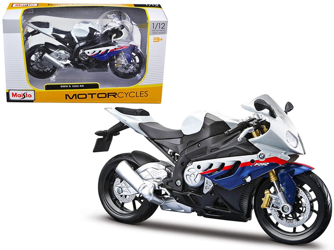 BMW S1000RR White and Blue with Red Stripe 1/12 Diecast Motorcycle Model by  Maisto