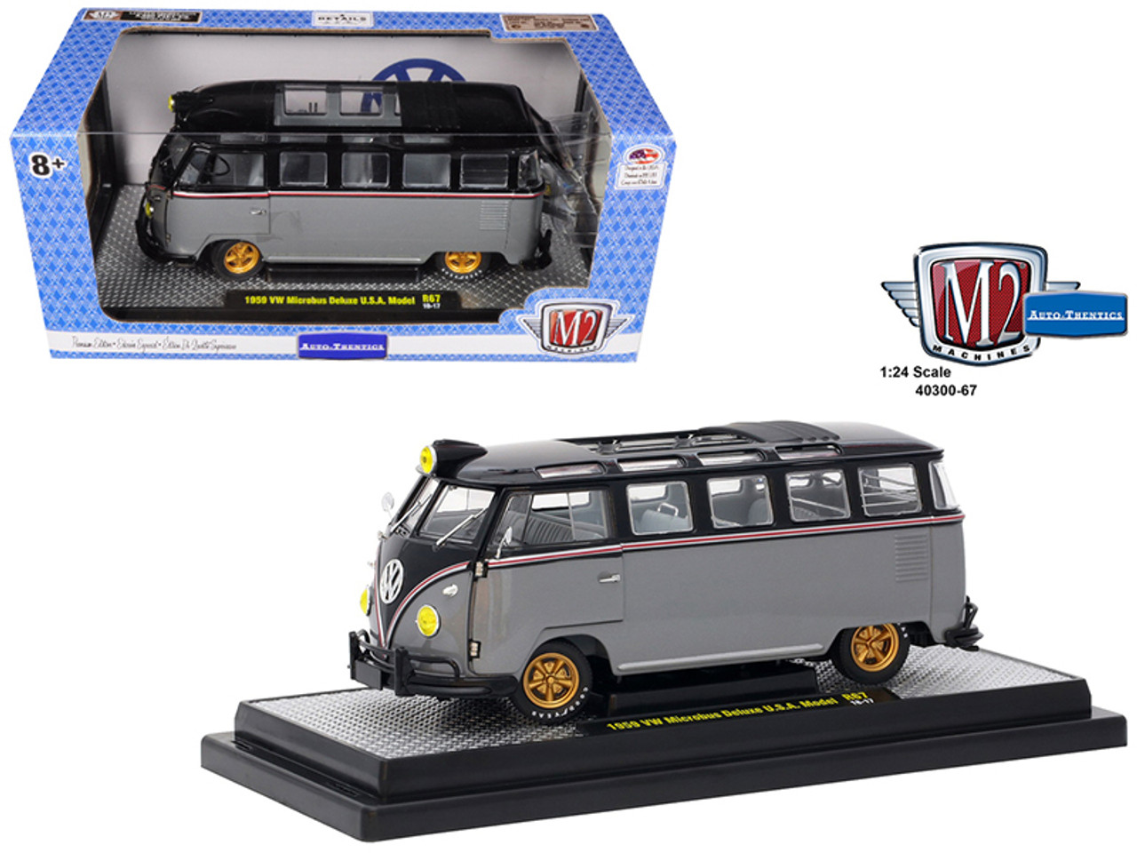 1959 Volkswagen Microbus Deluxe U.S.A. Model Gray Metallic with Gloss Black  Top Limited Edition to 5,800 pieces Worldwide 1/24 Diecast Model by M2