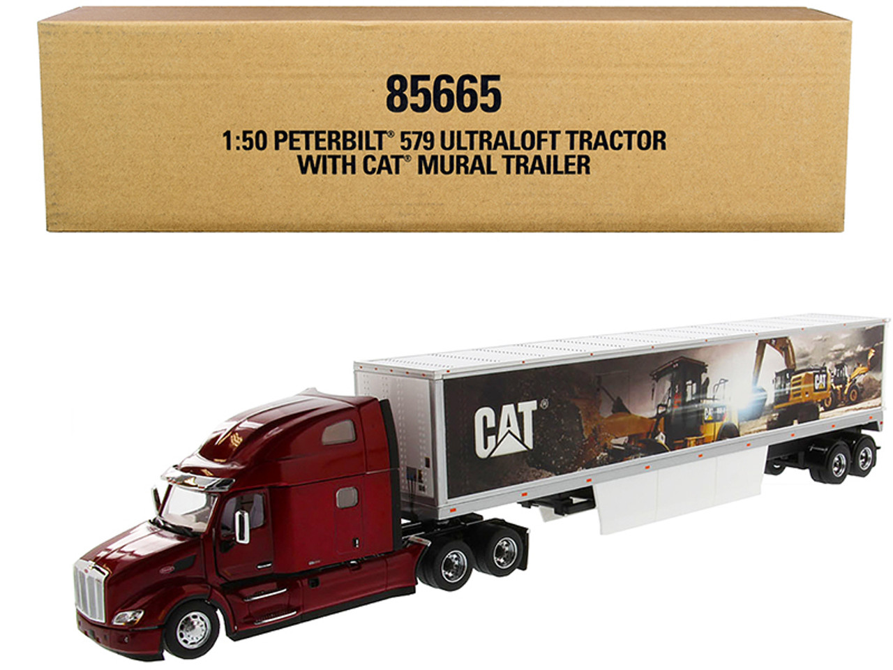 Peterbilt 579 UltraLoft Truck Tractor Red with "CAT Caterpillar" Mural Dry Van Trailer "Transport Series" 1/50 Diecast Model by Diecast Masters