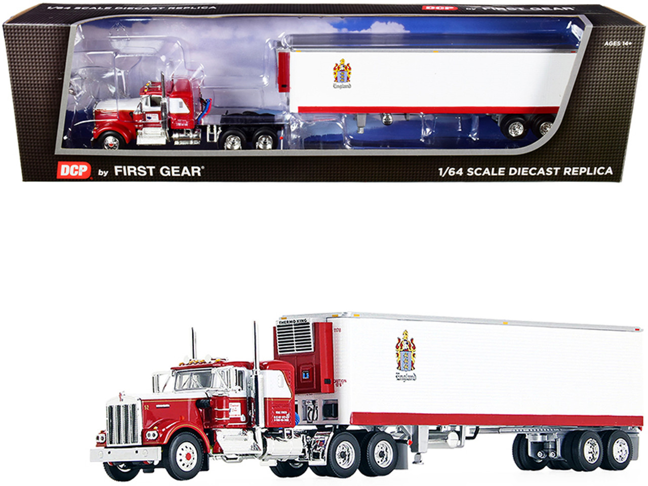 Kenworth W900A with 36" Flattop Sleeper Cab and 40' Vintage Reefer Refrigerated Trailer "C.R. England" Red and White 1/64 Diecast Model by DCP/First Gear