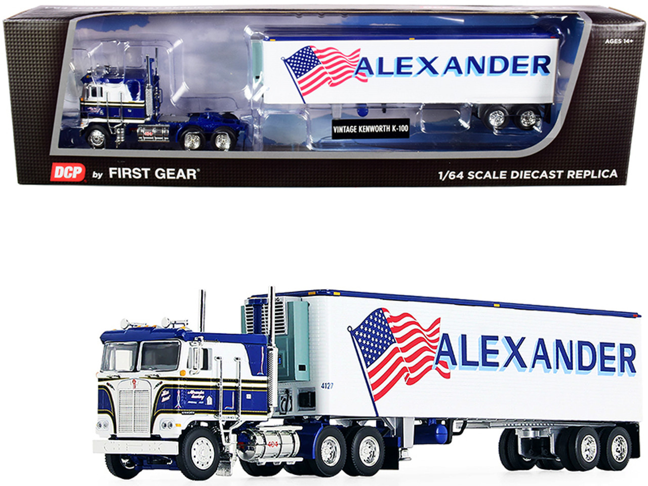 Kenworth K100 COE Flattop with 40' Vintage Reefer Refrigerated Trailer "Alexander Trucking" Blue and White 36th in a "Fallen Flag Series" 1/64 Diecast Model by DCP/First Gear