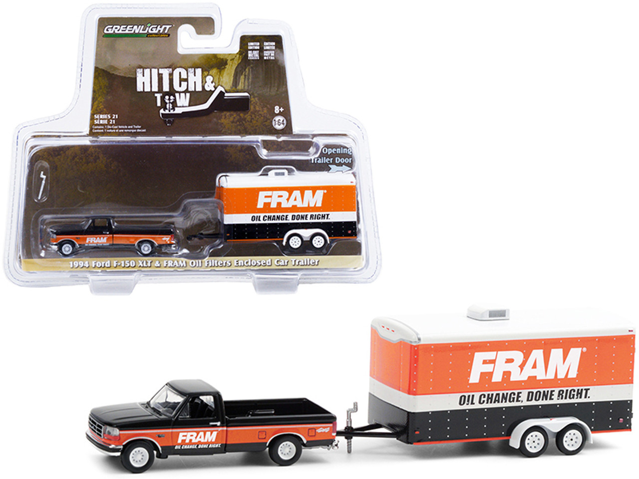 1994 Ford F-150 XLT Pickup Truck Black and Orange with Enclosed Car Hauler "FRAM Oil Filters" "Hitch & Tow" Series 21 1/64 Diecast Model Car by Greenlight