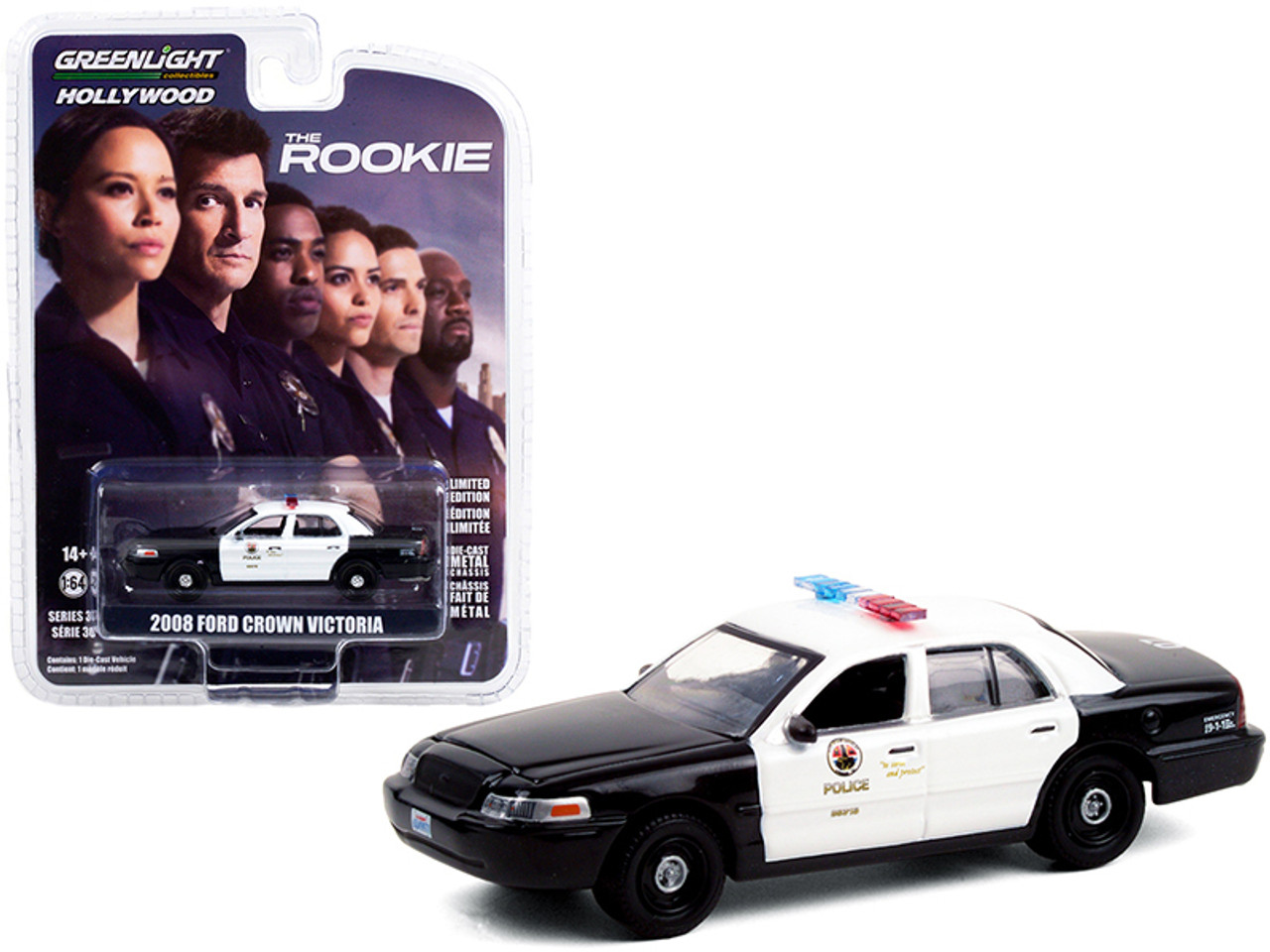 2008 Ford Crown Victoria Police Interceptor Black and White "Los Angeles Police Department" (LAPD) "The Rookie" (2018) TV Series "Hollywood Series" Release 30 1/64 Diecast Model Car by Greenlight
