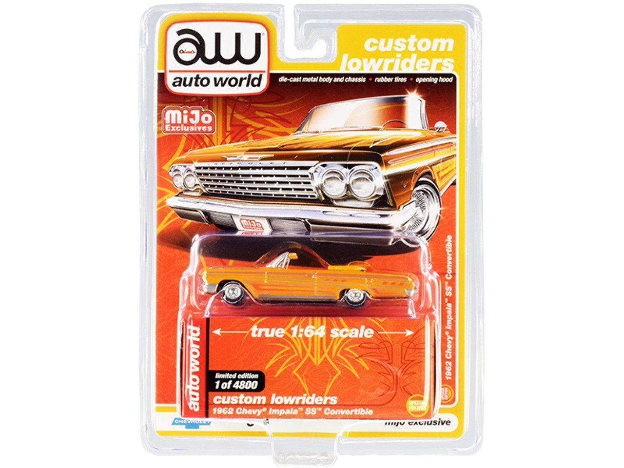 1962 Chevrolet Impala SS Convertible Yellow with Graphics "Custom Lowriders" Limited Edition to 4800 pieces Worldwide 1/64 Diecast Model Car by Autoworld