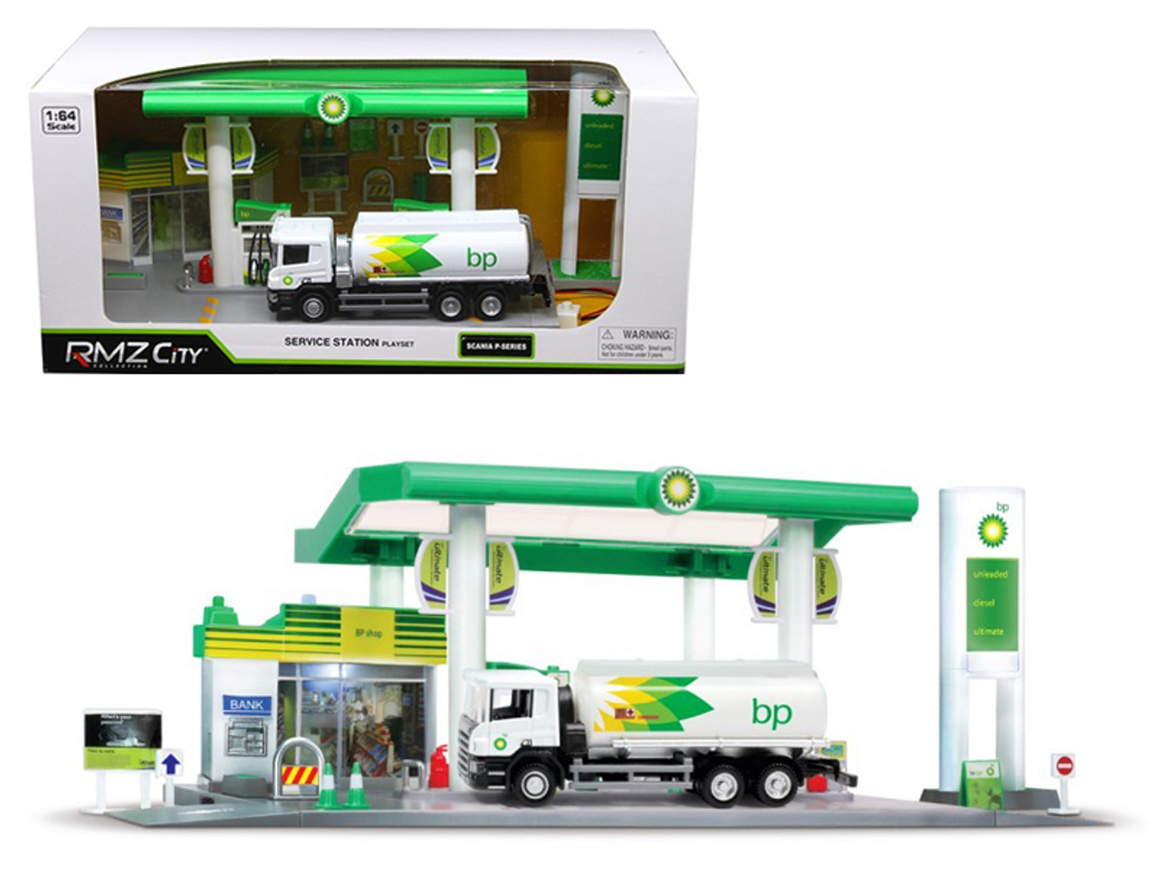 Scania P-Series "BP" Tanker Truck White and "BP" Service Gas Station Diorama 1/64 Diecast Model by RMZ City