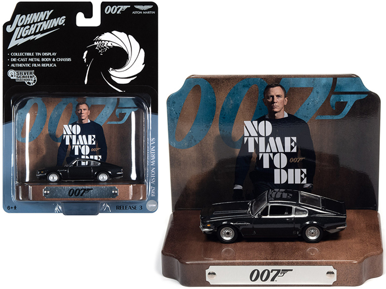1987 Aston Martin Vantage V8 Cumberland Gray with Collectible Tin Display "007" (James Bond) "No Time to Die" (2021) Movie (25th in the James Bond Series) 1/64 Diecast Model Car by Johnny Lightning