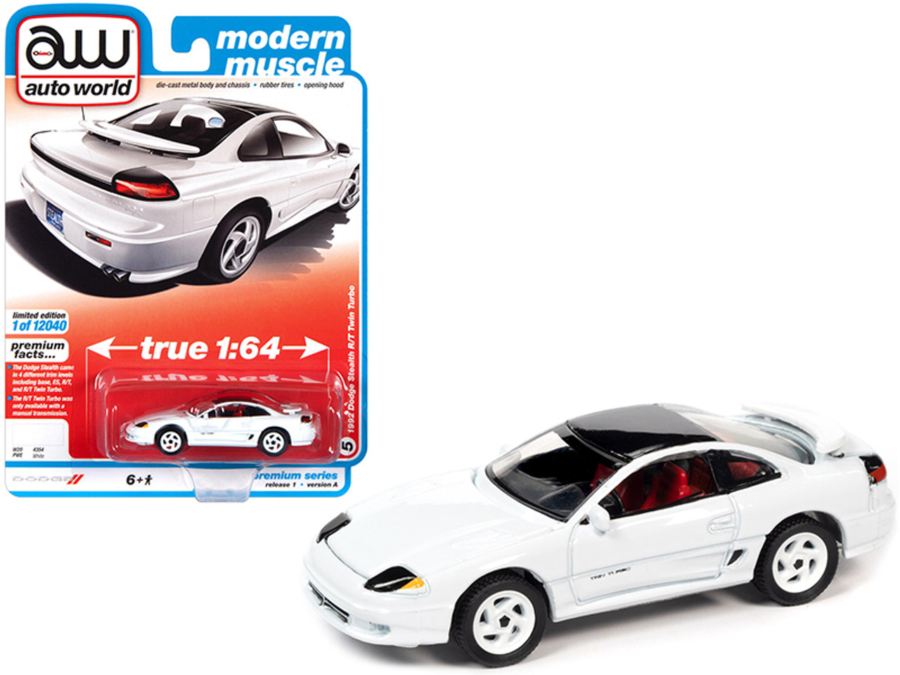 1992 Dodge Stealth R/T Twin Turbo White with Black Top and Red Interior "Modern Muscle" Limited Edition to 12040 pieces Worldwide 1/64 Diecast Model Car by Autoworld
