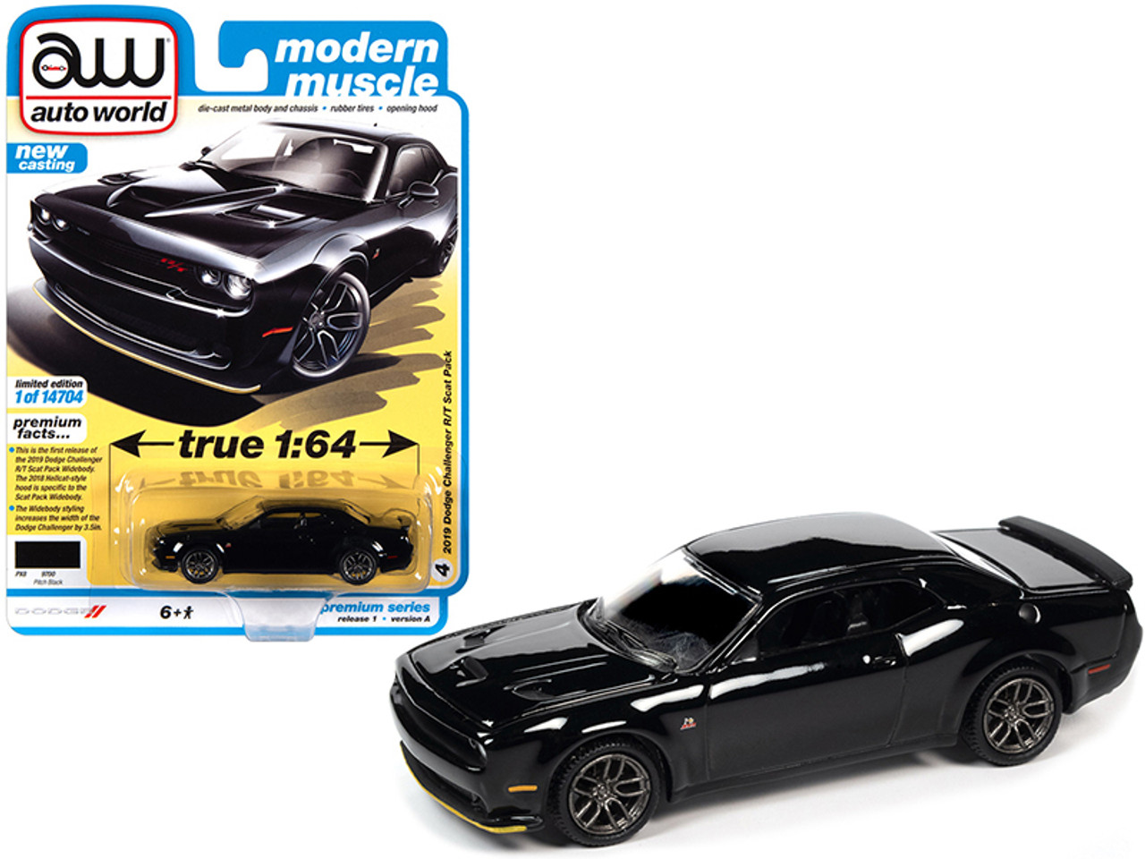 2019 Dodge Challenger R/T Scat Pack Pitch Black "Modern Muscle" Limited Edition to 14704 pieces Worldwide 1/64 Diecast Model Car by Autoworld