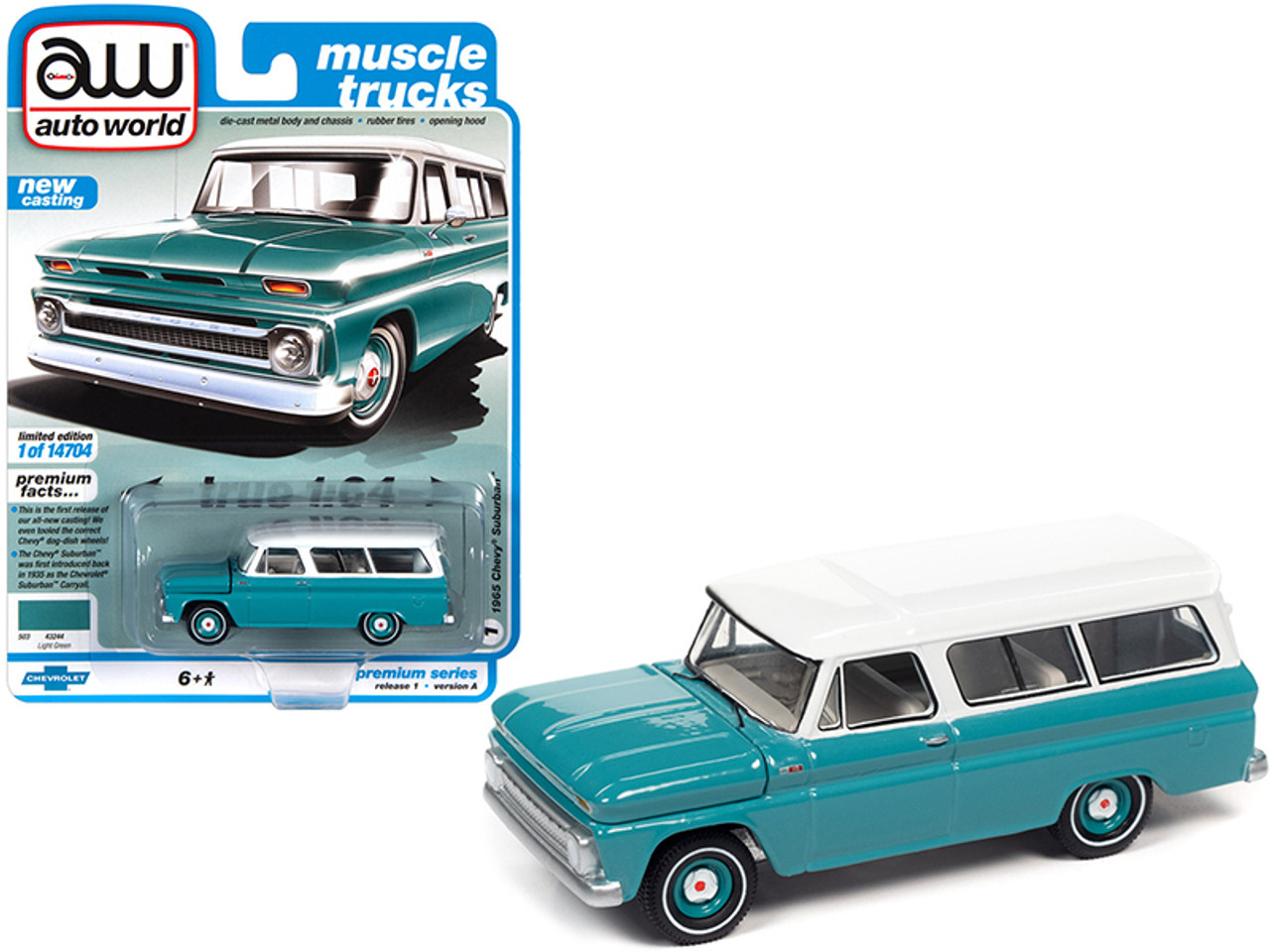 1965 Chevrolet Suburban Light Green with White Top "Muscle Trucks" Limited Edition to 14704 pieces Worldwide 1/64 Diecast Model Car by Autoworld