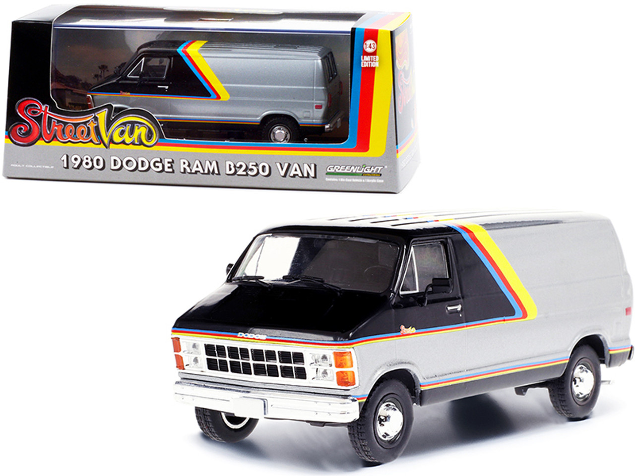 1980 Dodge Ram B250 Van Silver and Black with Stripes "Street Van" 1/43 Diecast Model by Greenlight