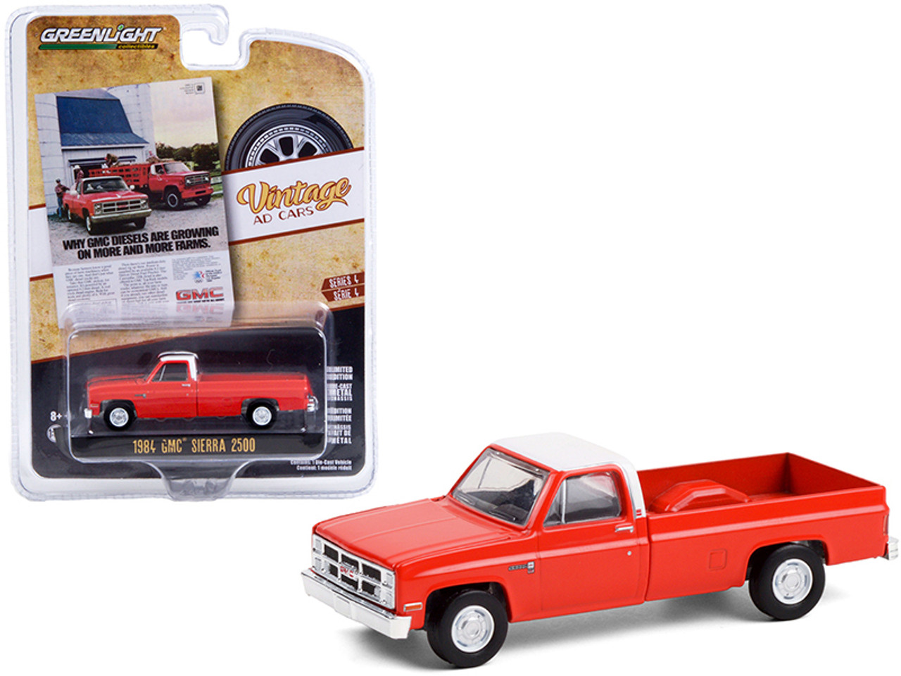 1984 GMC Sierra 2500 Pickup Truck Orange with White Top "Why GMC Diesels Are Growing On More And More Farms" "Vintage Ad Cars" Series 4 1/64 Diecast Model Car by Greenlight