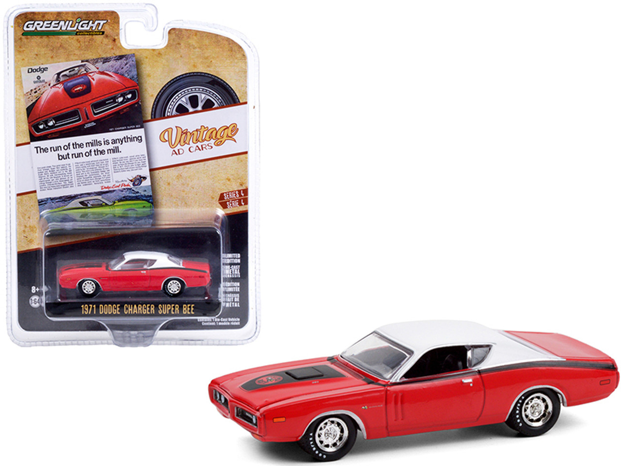 1971 Dodge Charger "Super Bee" Red with Black Stripes and White Top "The Run Of The Mills Is Anything But Run Of The Mill" "Vintage Ad Cars" Series 4 1/64 Diecast Model Car by Greenlight