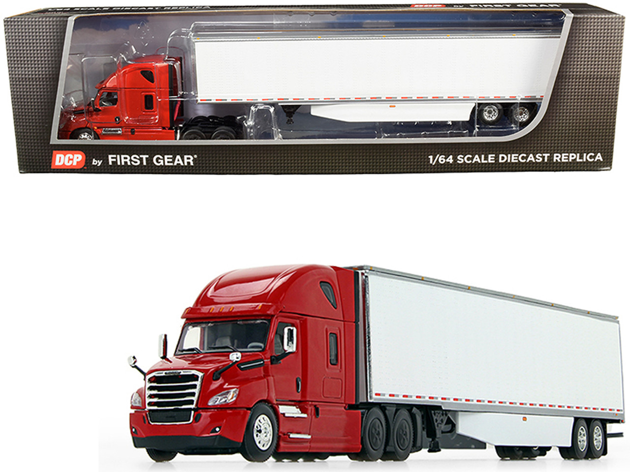 2018 Freightliner Cascadia High-Roof Sleeper Cab with 53' Utility Dry Goods Trailer with Side Skirts Red and White 1/64 Diecast Model by DCP/First Gear