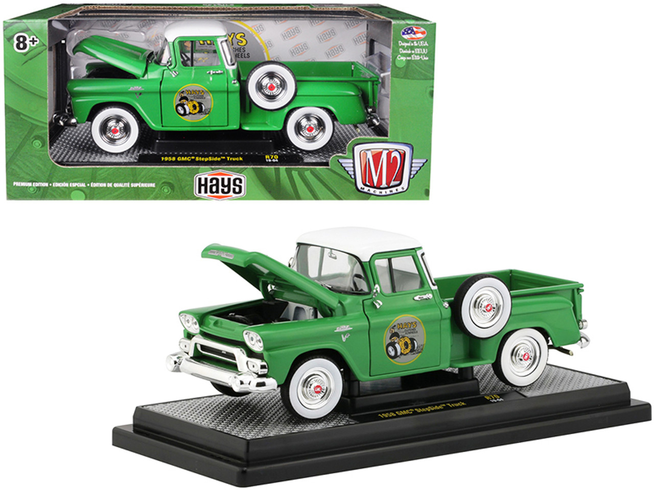 1958 GMC Stepside Pickup Truck Aspen Green with Bright White Top "HAYS" Limited Edition to 5880 pieces Worldwide 1/24 Diecast Model Car by M2 Machines