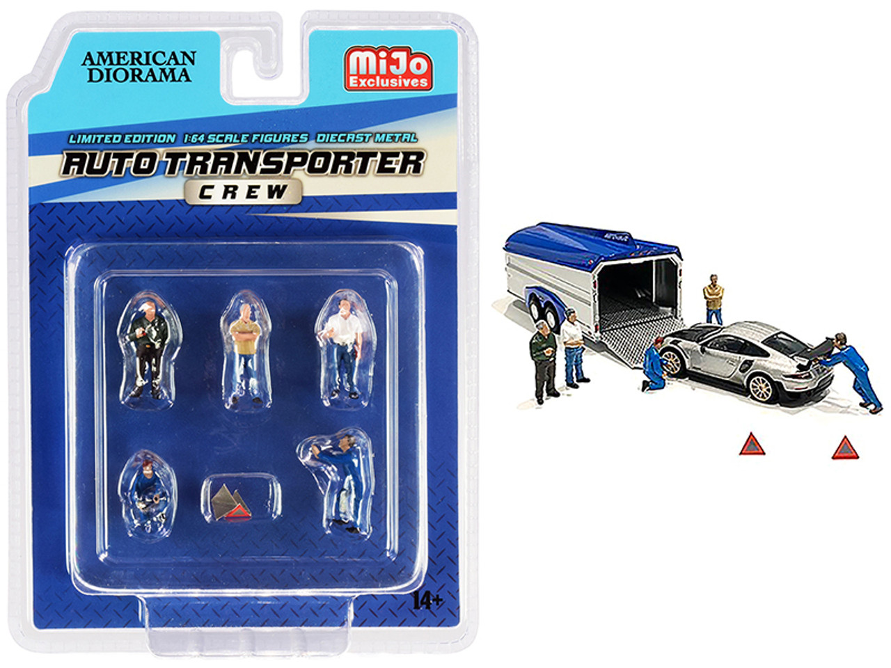 1/64 American Diorama "Auto Transporter Crew" Diecast Set of 7 pieces (5 Figurines and 2 Warning Triangles)