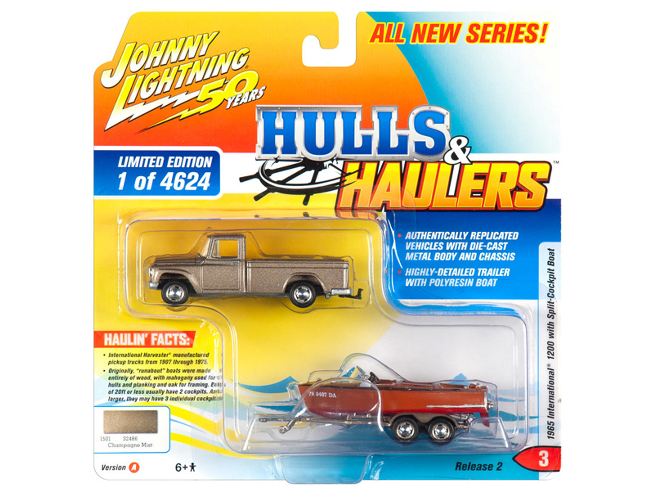 1965 International 1200 Pickup Truck Champagne Mist / Gold Metallic with Split-Cockpit Boat Limited Edition to 4,624 pieces Worldwide "Hulls & Haulers" Series 2 "Johnny Lightning 50th Anniversary" 1/64 Diecast Model Car by Johnny Lightning