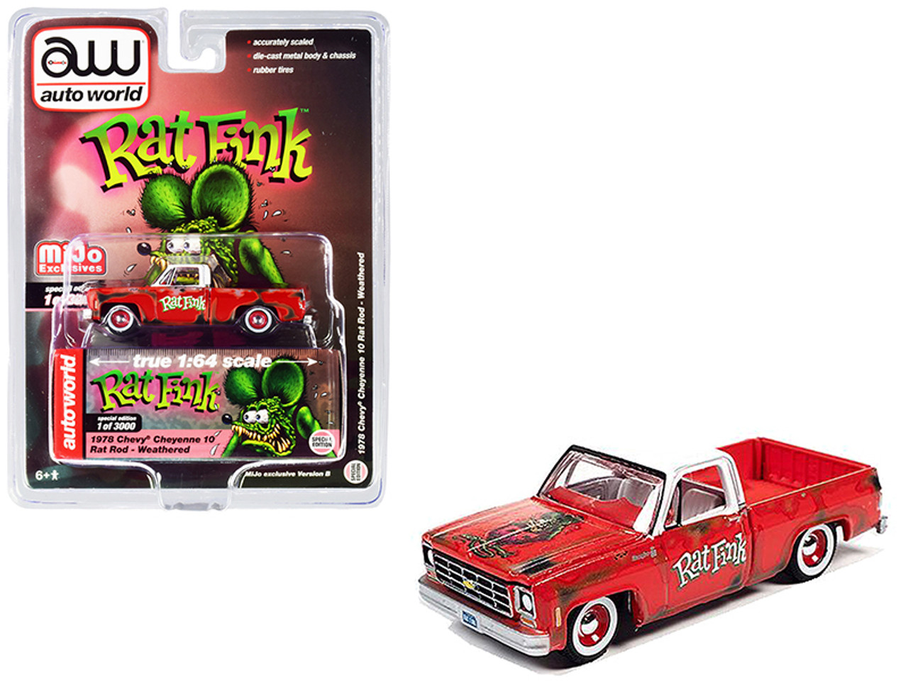 1978 Chevrolet Cheyenne 10 Rat Rod Pickup Truck Red with White Top (Weathered) "Rat Fink" Limited Edition to 3000 pieces Worldwide 1/64 Diecast Model Car by Autoworld