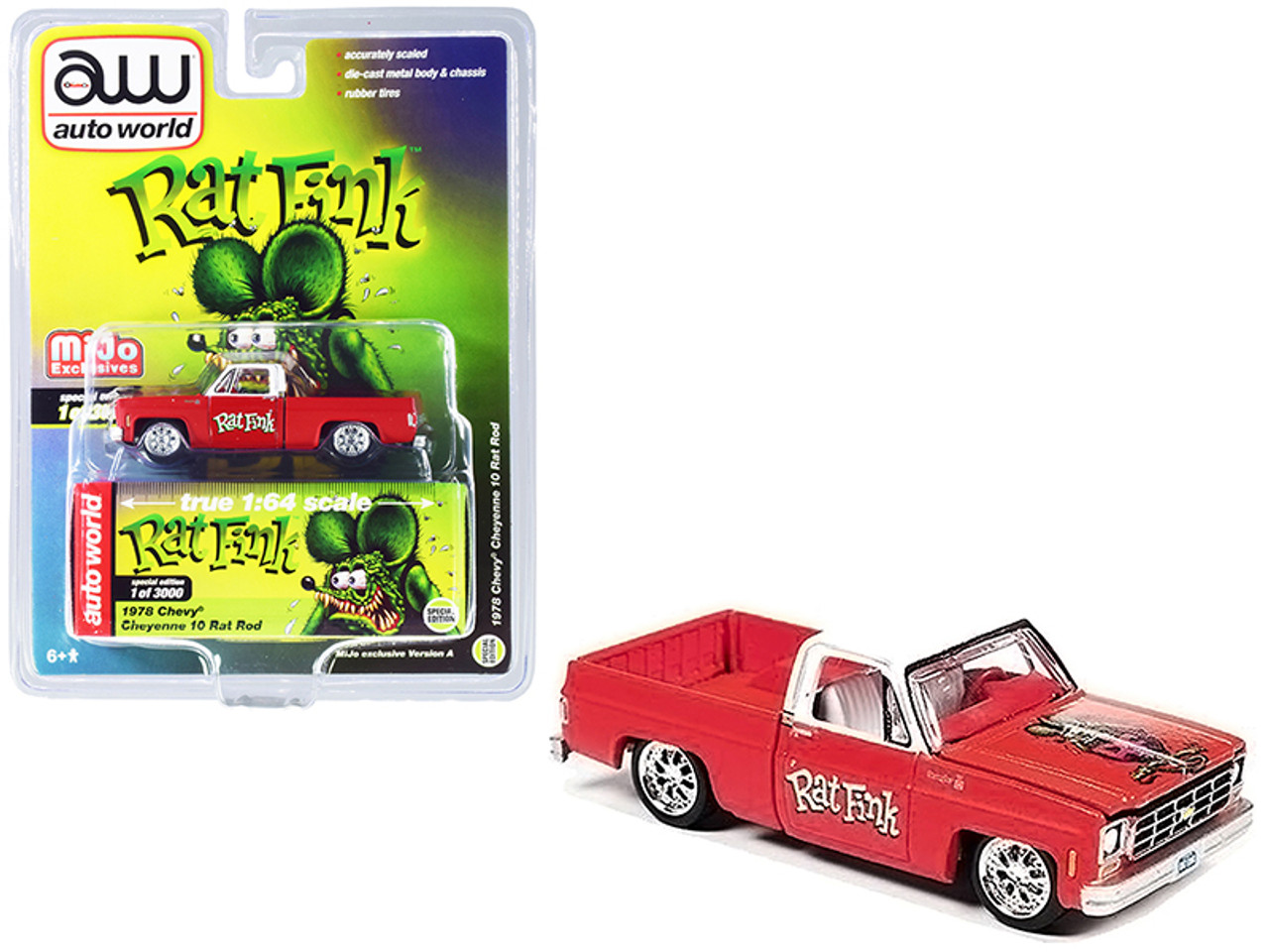 1978 Chevrolet Cheyenne 10 Rat Rod Pickup Truck Matt Red with White Top "Rat Fink" Limited Edition to 3000 pieces Worldwide 1/64 Diecast Model Car by Autoworld