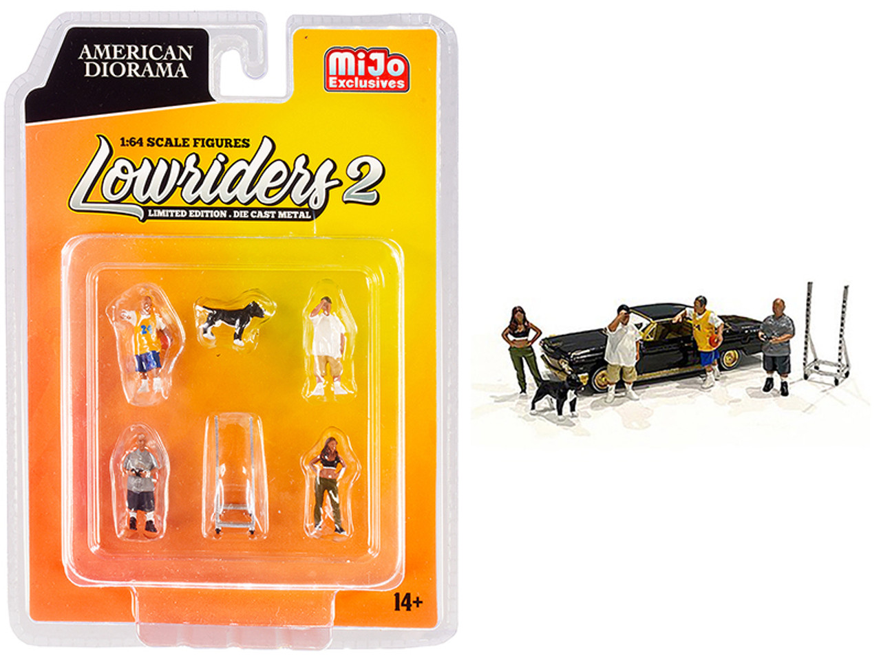 "Lowriders 2" 6 piece Diecast Set (4 Figurines and 1 Dog and 1 Accessory) for 1/64 Scale Models by American Diorama