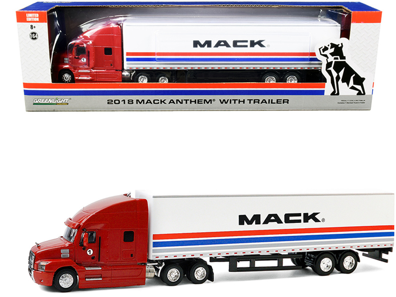 2018 Mack Anthem 18 Wheeler Tractor-Trailer "#1 The Mack Performance Tour 2018" Red and White with Stripes 1/64 Diecast Model by Greenlight