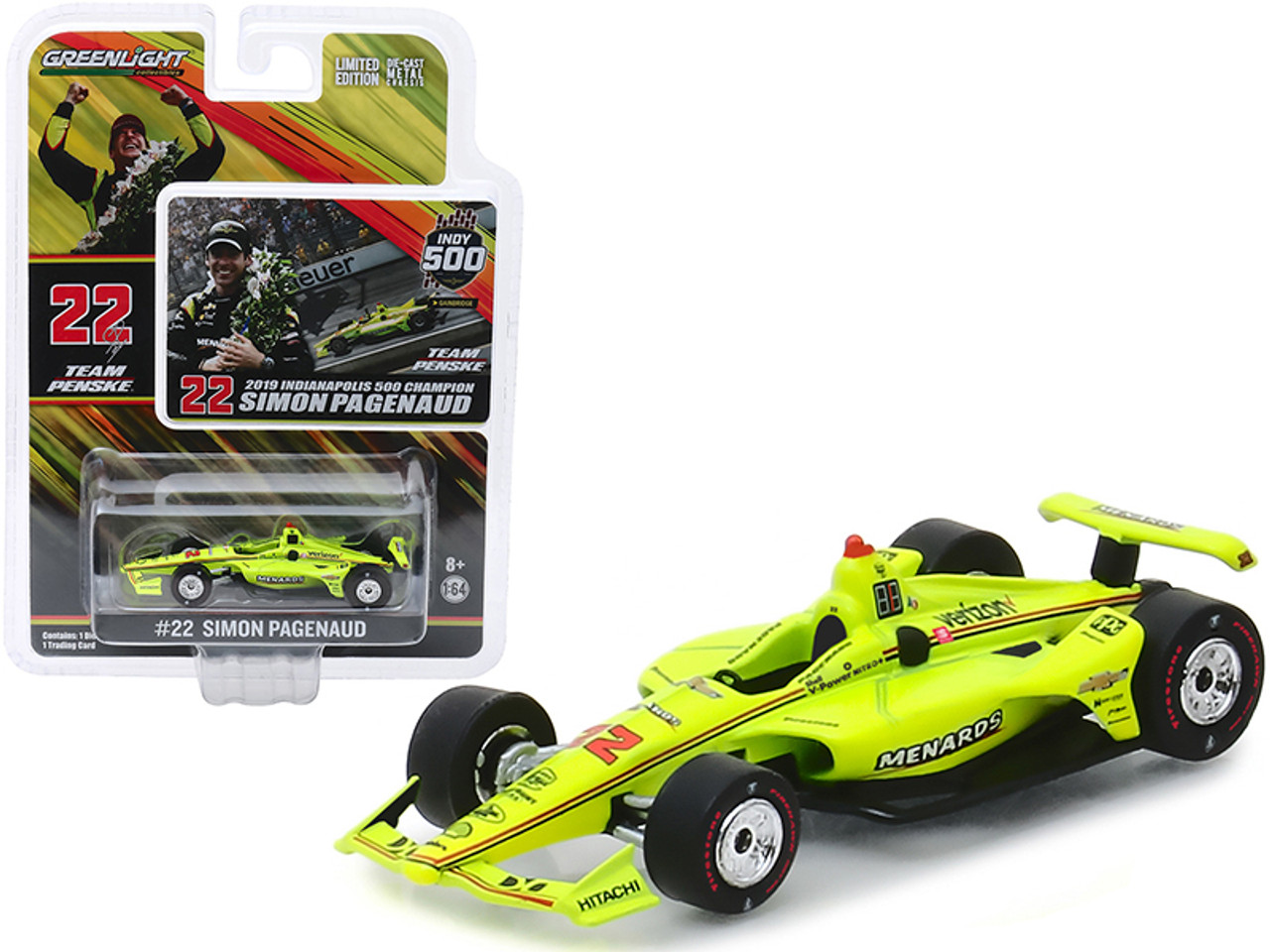 Dallara Indy Car #22 Simon Pagenaud "Menards" Team Penske Indianapolis 500 Champion (2019) 1/64 Diecast Model Car by Greenlight