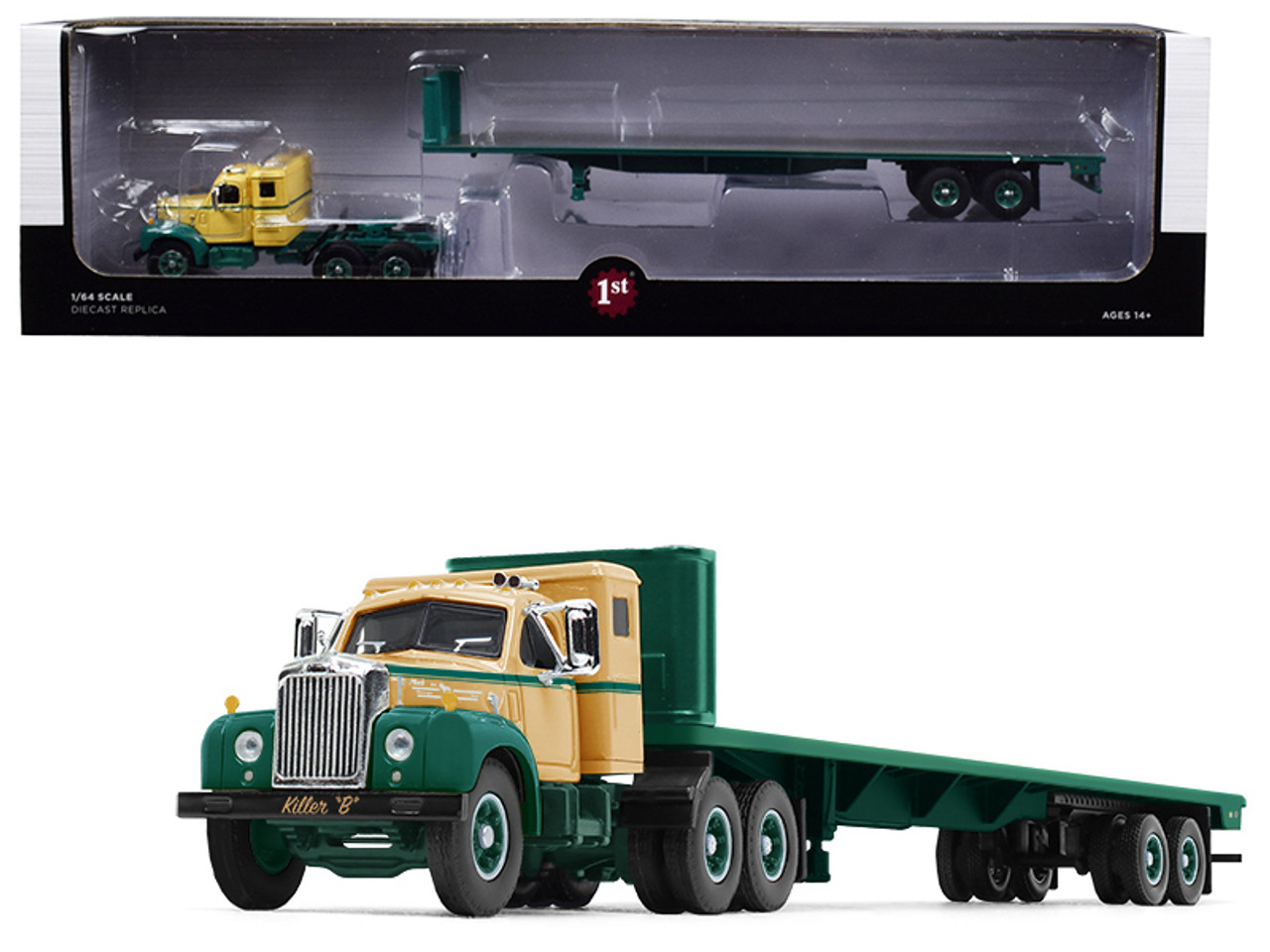 Mack B-61 Sleeper Cab with 48' Flatbed Trailer "Killer "B" Green and Beige 1/64 Diecast Model by First Gear