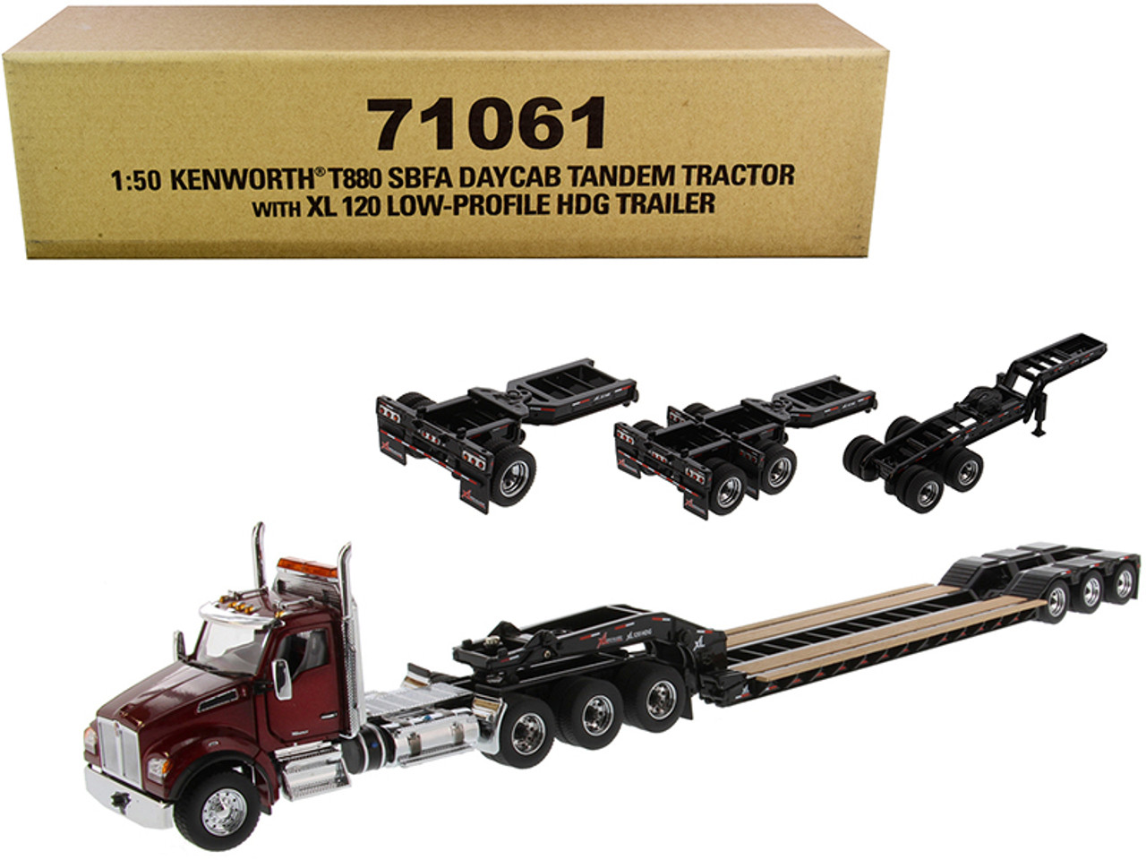 Kenworth T880 SBFA Day Cab Tandem Tractor with XL 120 Low-Profile HDG  Trailer with 2 Boosters and Jeep Radiant Red and Black 