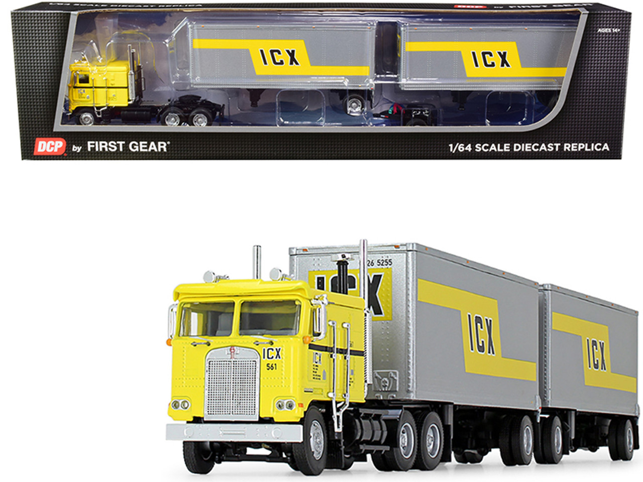 Kenworth K100 COE Truck with Wabash Double Pup Trailers "ICX" (Illinois California Express) Yellow and Silver 32th in a "Fallen Flag Series" 1/64 Diecast Model by DCP/First Gear
