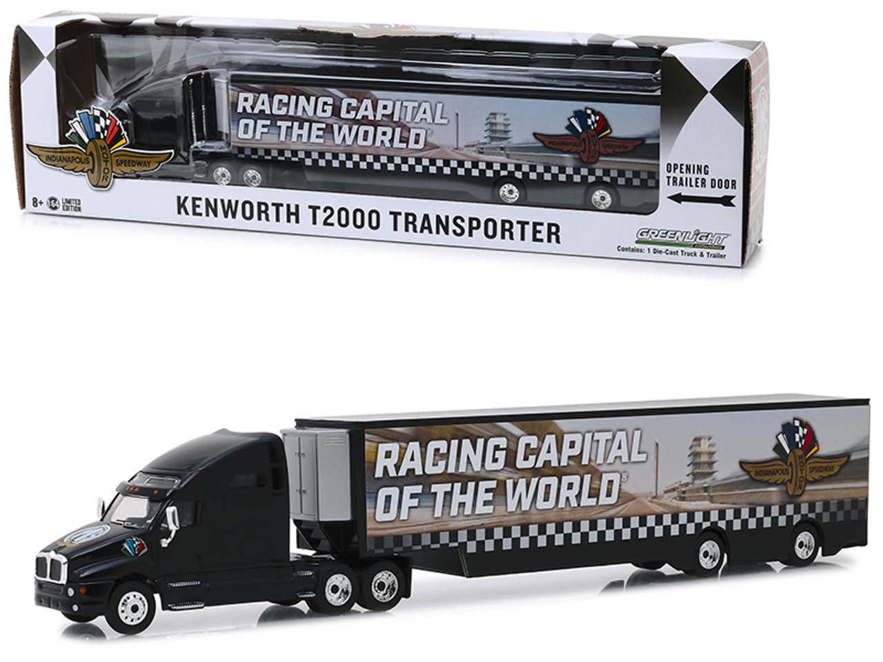 Kenworth T2000 Transporter "Indianapolis Motor Speedway Wheel & Wings & Flag" "Hobby Exclusive" 1/64 Diecast Model by Greenlight