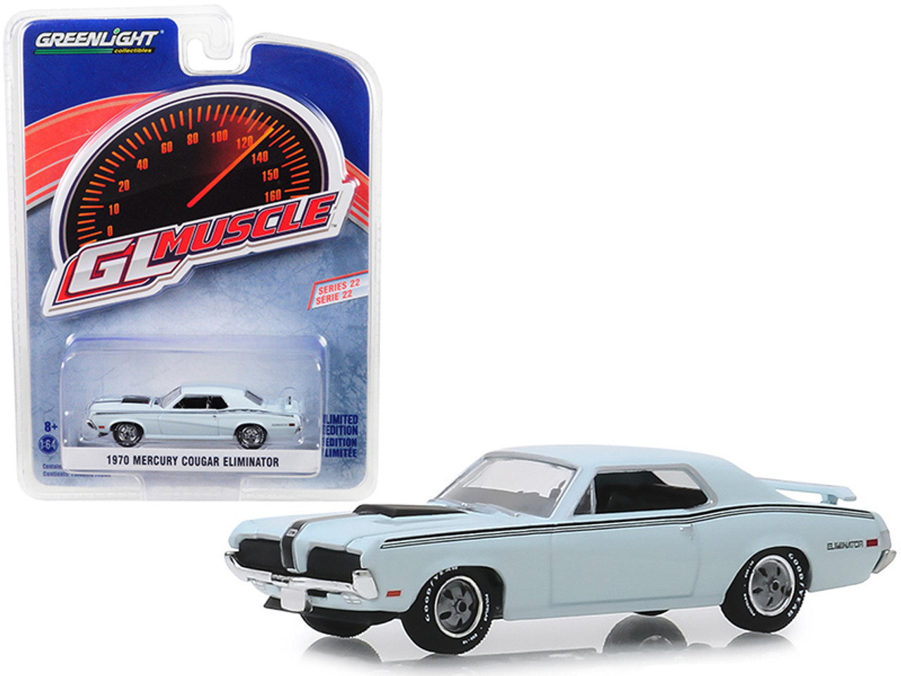 1970 Mercury Cougar Eliminator Pastel Blue with Black Stripes "Greenlight Muscle" Series 22 1/64 Diecast Model Car by Greenlight