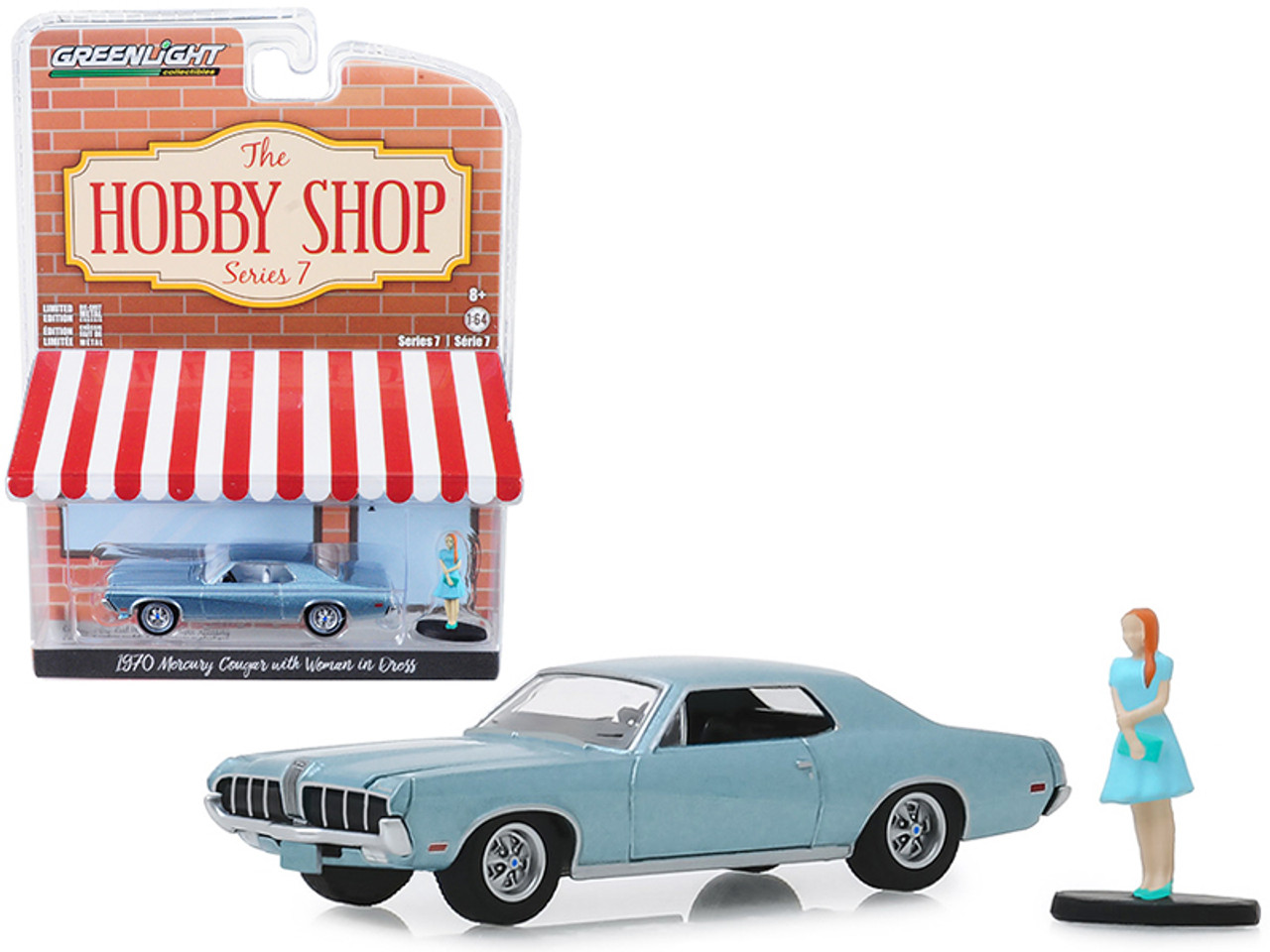 1970 Mercury Cougar Light Blue Metallic with Woman in Dress Figurine "The Hobby Shop" Series 7 1/64 Diecast Model Car by Greenlight