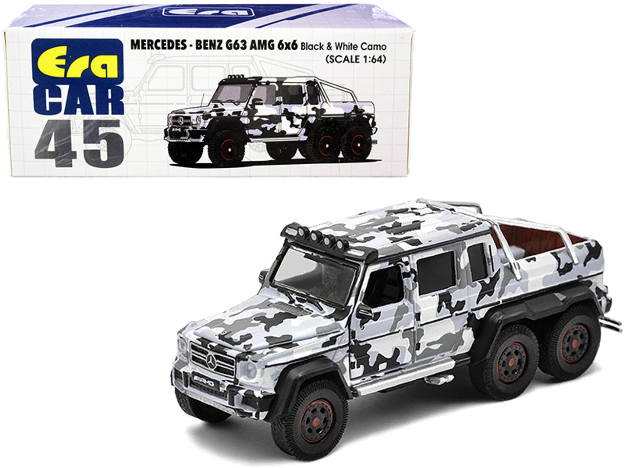 Mercedes Benz G63 AMG 6x6 Pickup Truck with Spotlight Black and White Camo 1/64 Diecast Model Car by Era Car