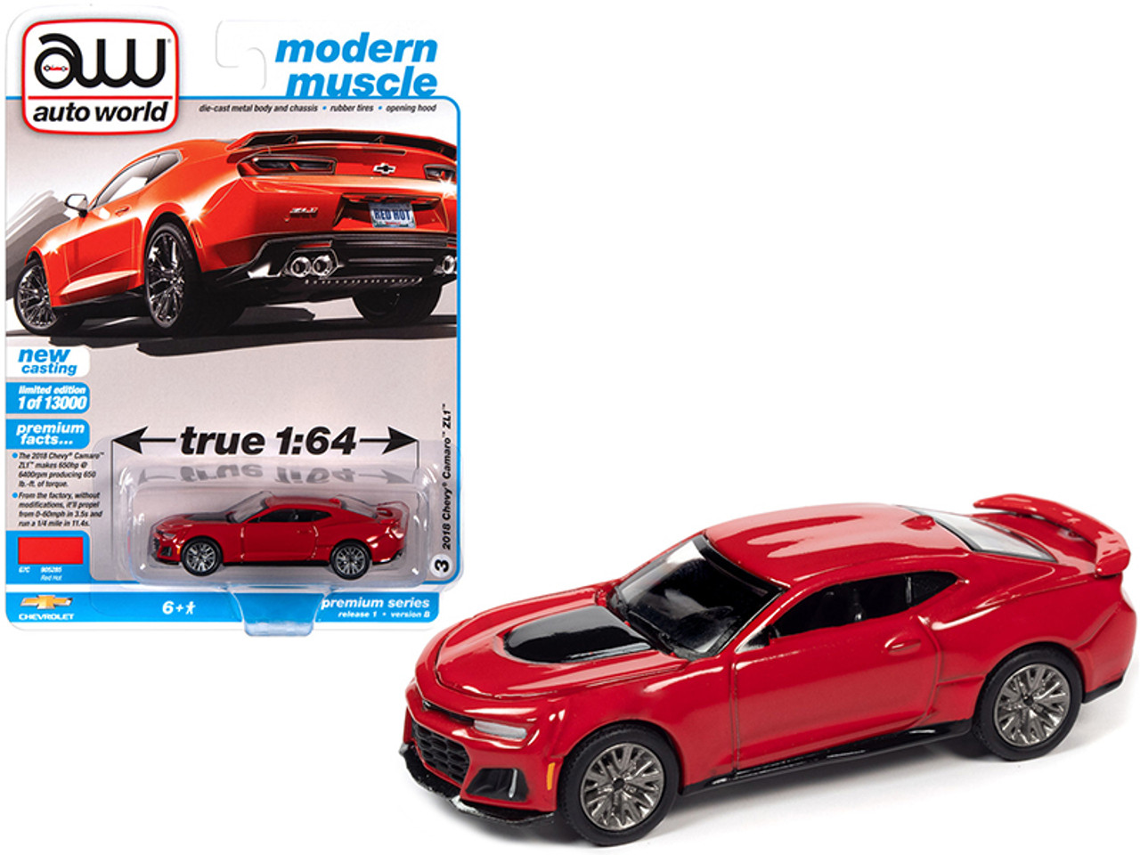 オートワールド　2018　シボレー　カマロ　ZL1　1/64　赤 2018 CHEVROLET CAMARO ZL1 RED 1:64 SCALE DIECAST COLLECTOR