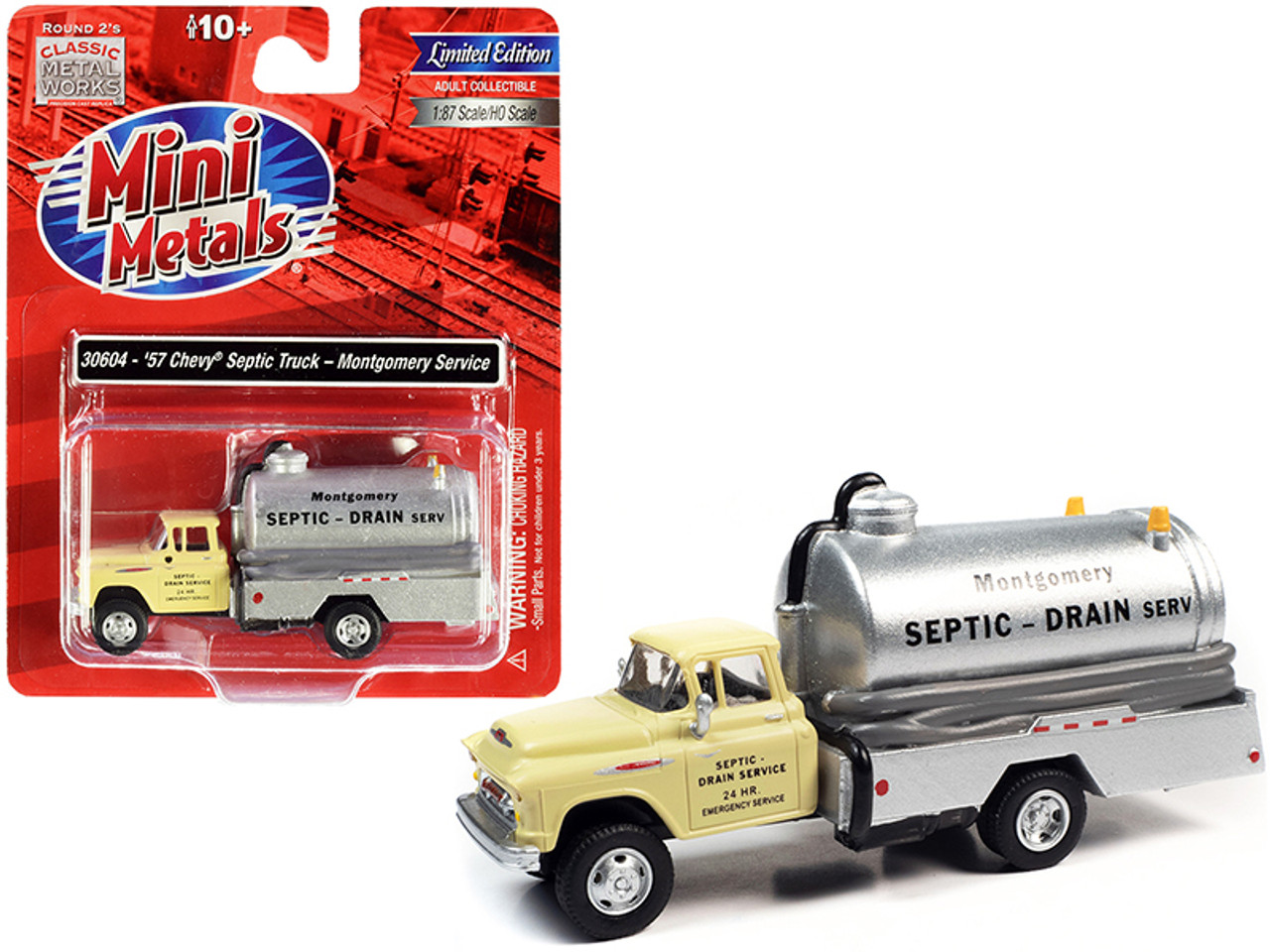 1957 Chevrolet Septic Tanker Truck "Montgomery Septic - Drain Service" Sand Beige and Silver 1/87 (HO) Scale Model by Classic Metal Works