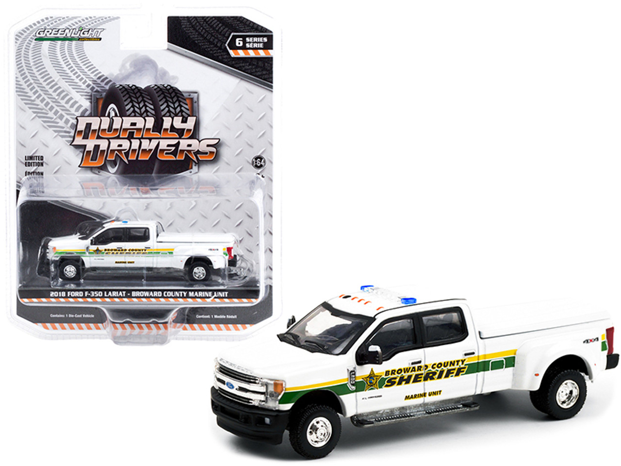 2018 Ford F-350 Lariat Dually Pickup Truck with Bed Cover White Marine Unit "Broward County Sheriff" (Florida) "Dually Drivers" Series 6 1/64 Diecast Model Car by Greenlight