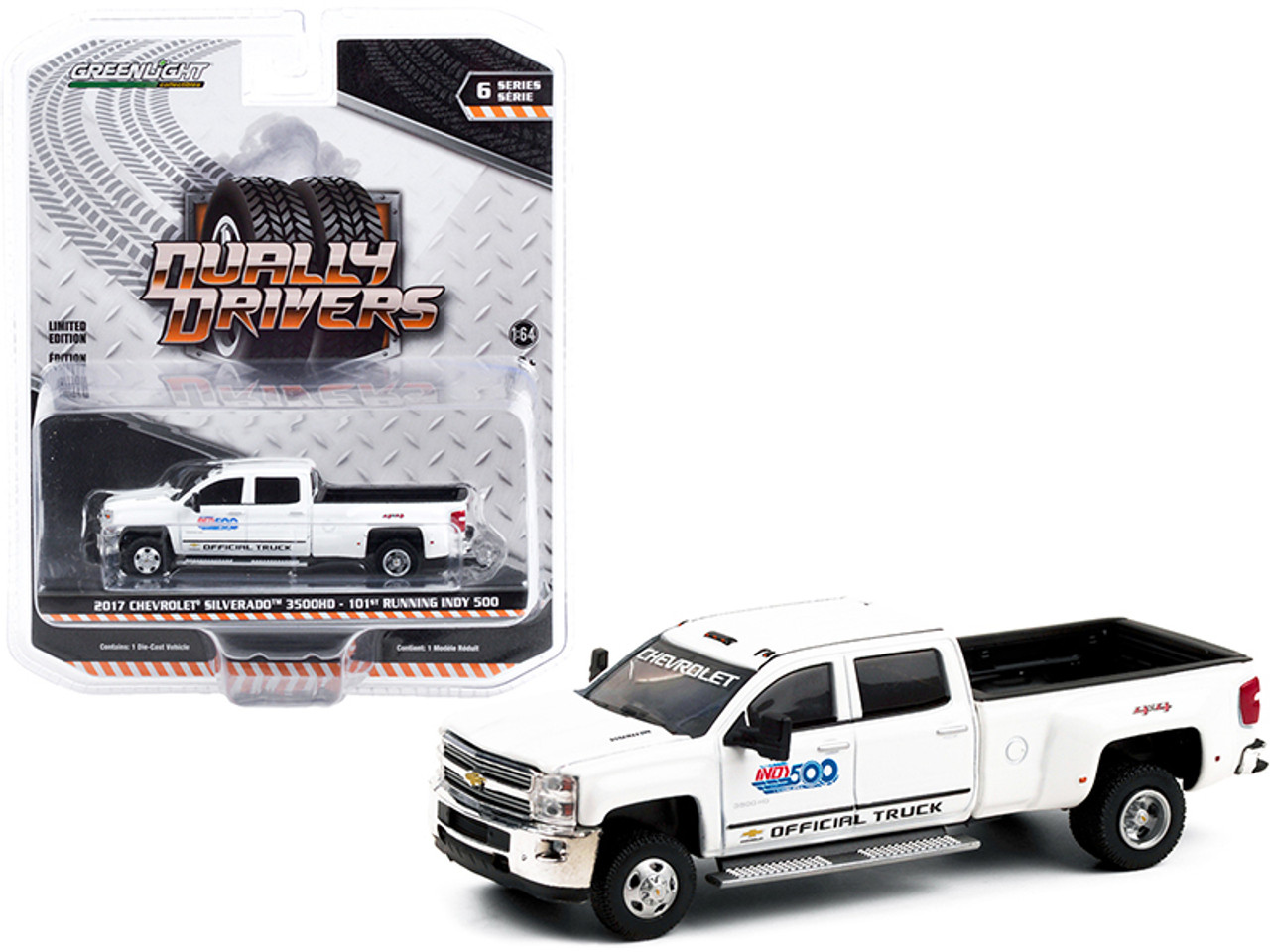 2017 Chevrolet Silverado 3500HD Dually Pickup Truck White "101st Running Indy 500" Presented by PennGrade Motor Oil Official Truck "Dually Drivers" Series 6 1/64 Diecast Model Car by Greenlight