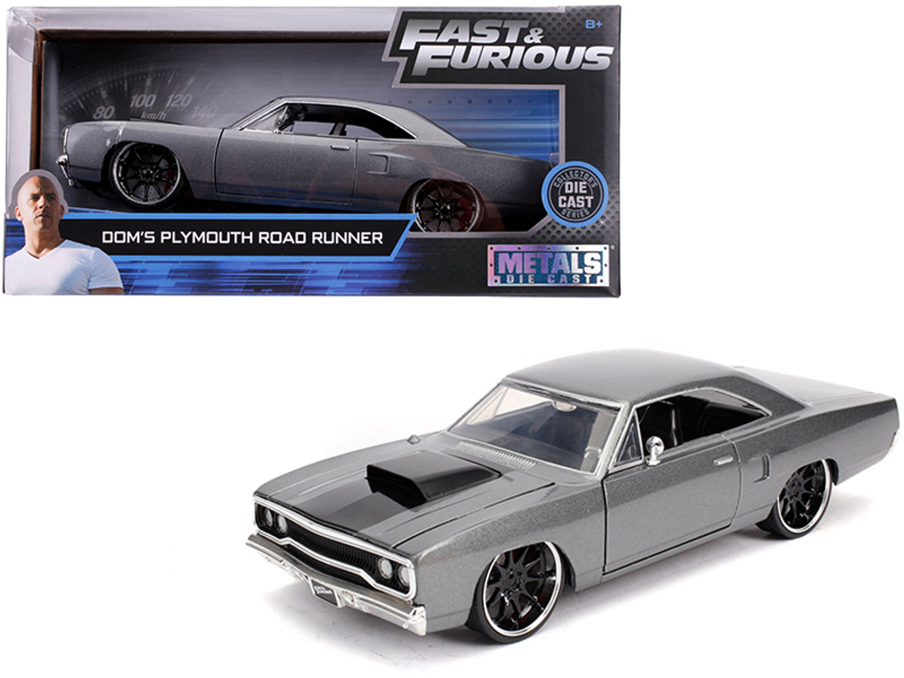 Dom's Plymouth Road Runner Metallic Gray with Black Hood Stripe 